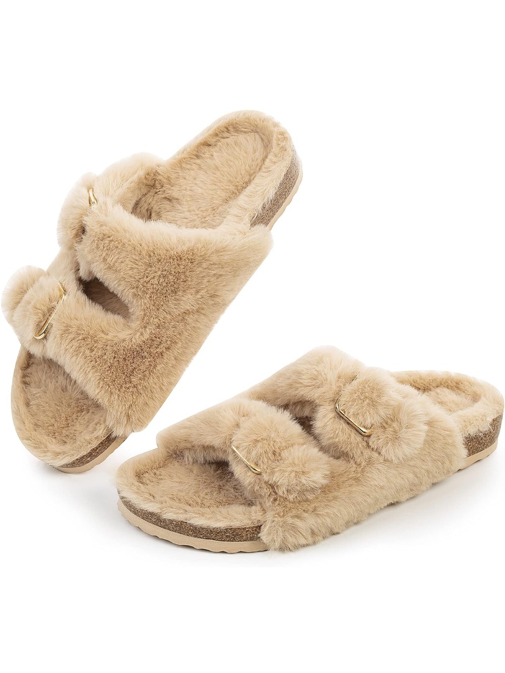 Cozy Faux-Fur Double-Buckle Slide Slippers in Beige